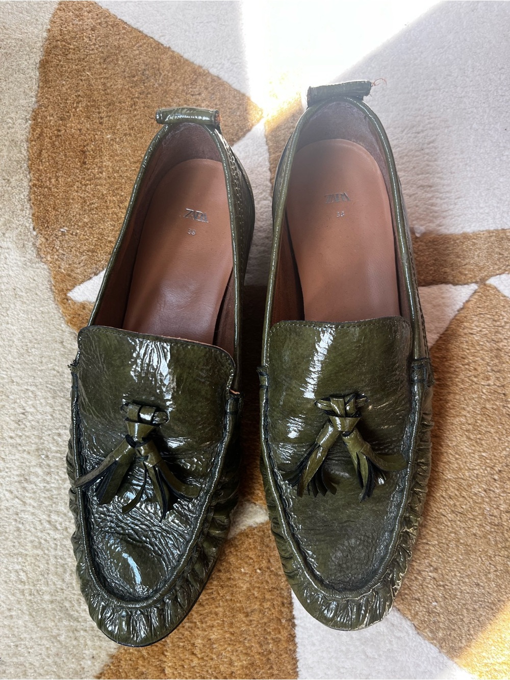 Zara Olive Green Patent Tassel Loafers